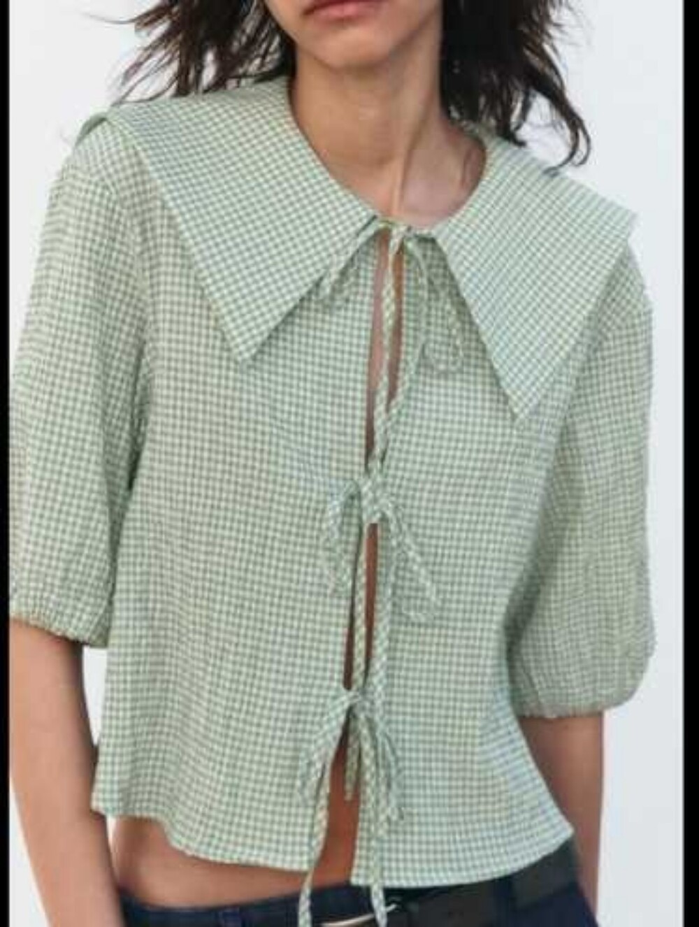 Zara Shirt Top Blouse Tie Front Green White Gingham Plaid Check Collar Small